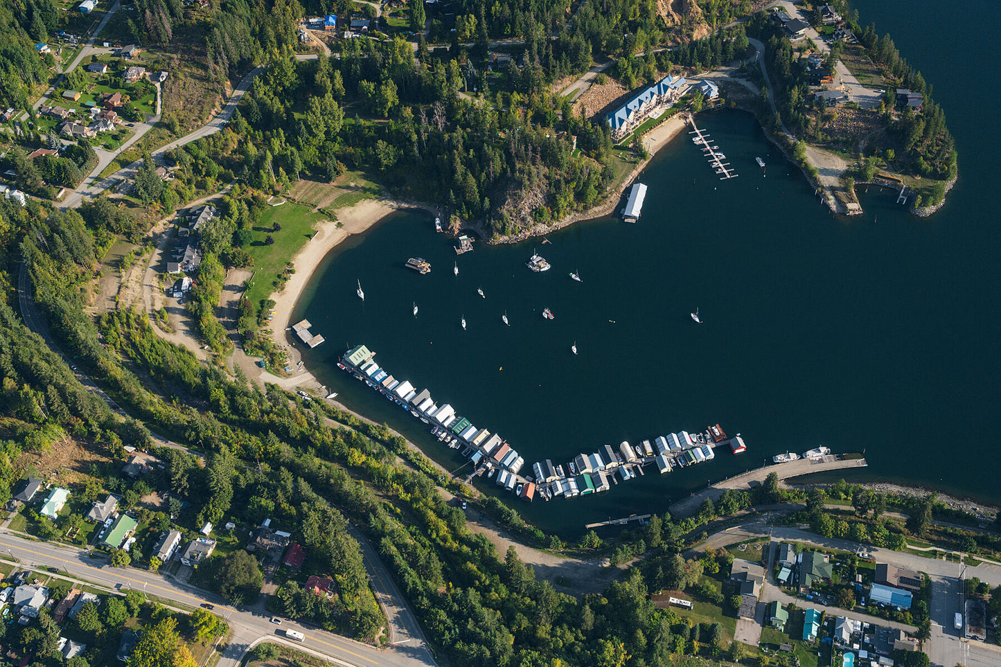 A top-down aerial view of Kaslo, British Columbia, showing the town's waterfront, fine art landscape print from British Columbia’s West Kootenay region by Ashley Voykin