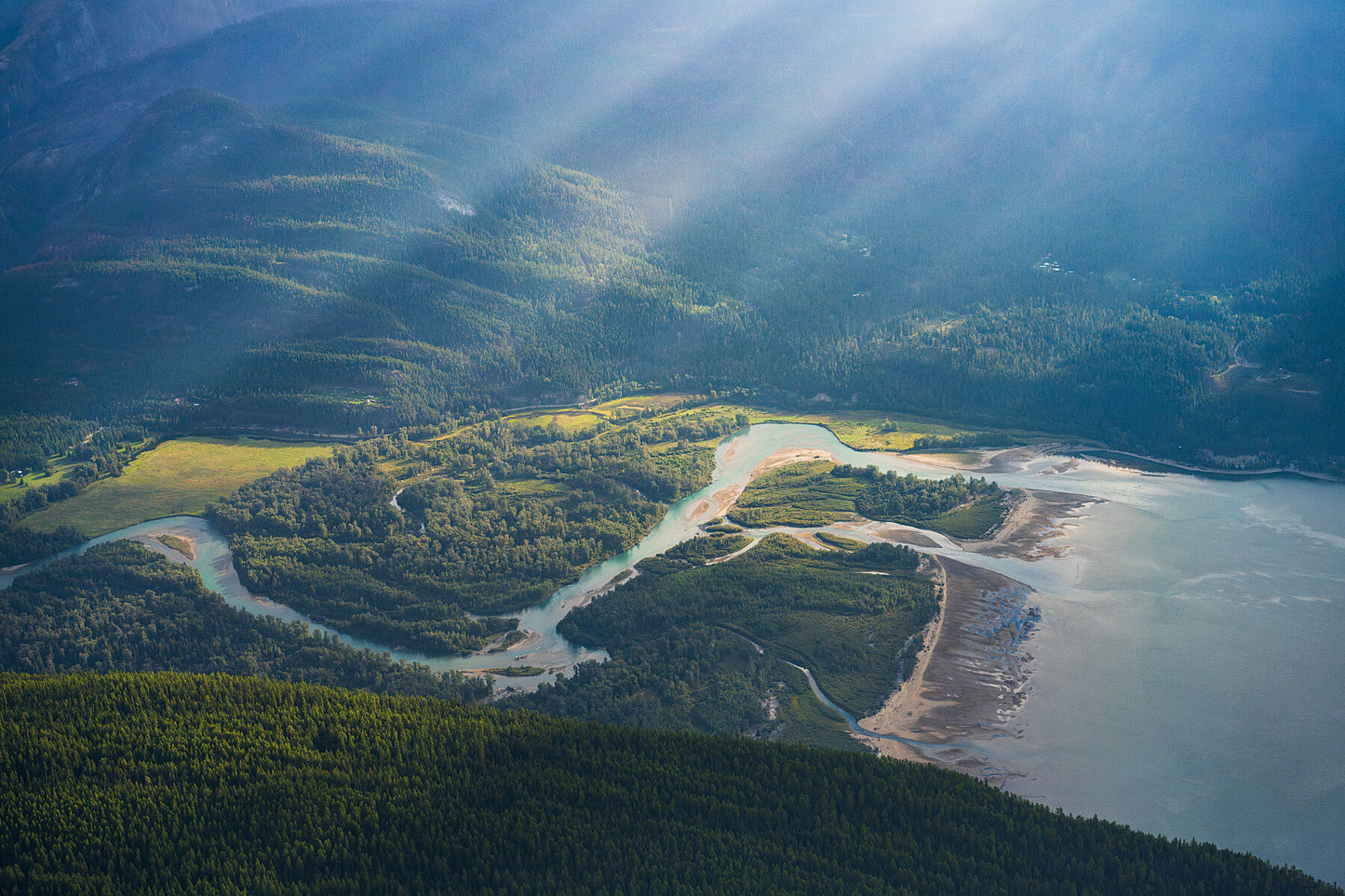 The Duncan River entering North Kootenay Lake in the West Kootenay Region of British Columbia, aerial fine art photography by Ashley Voykin