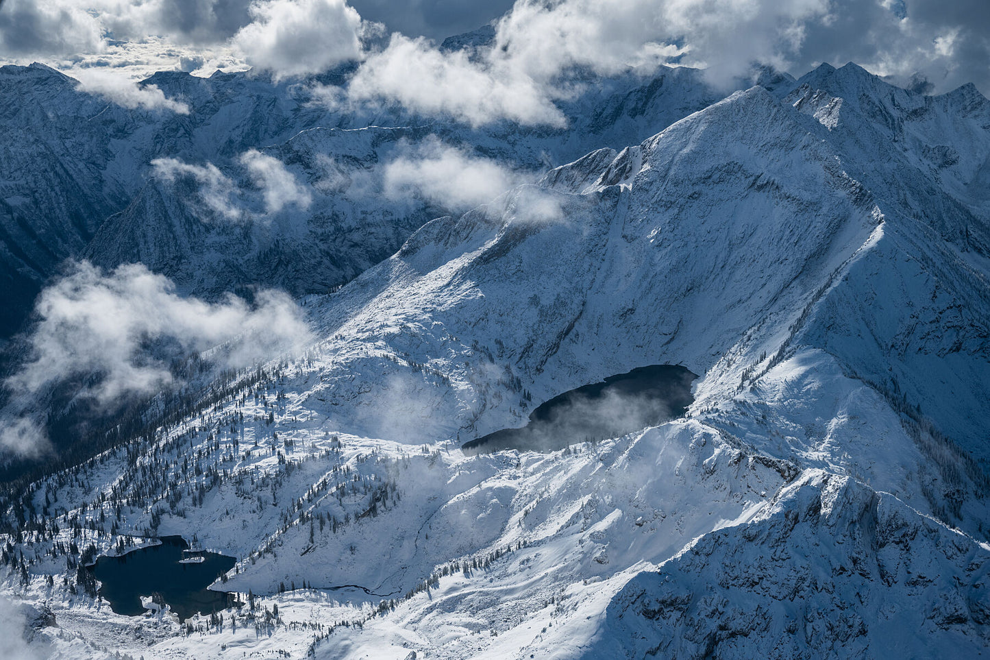 Aerial view of the mountain landscape of Valhalla Provincial Park. Fine art photography of British Columbia's West Kootenay Region by Ashley Voykin