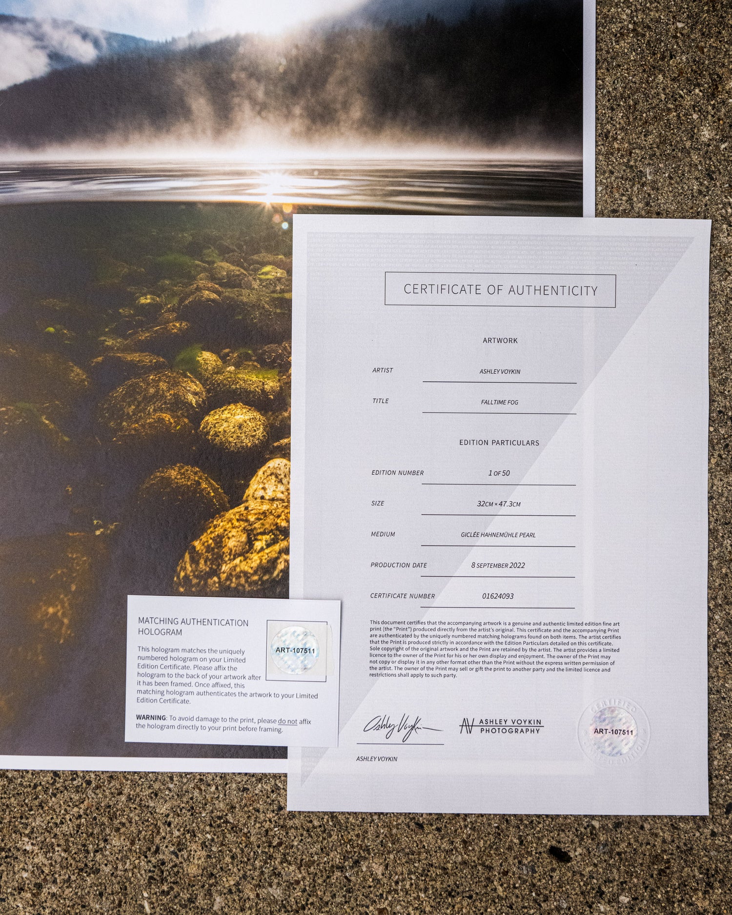 Limited edition fine art print of Kootenay Landscape, partially covered by a certificate of authenticity.