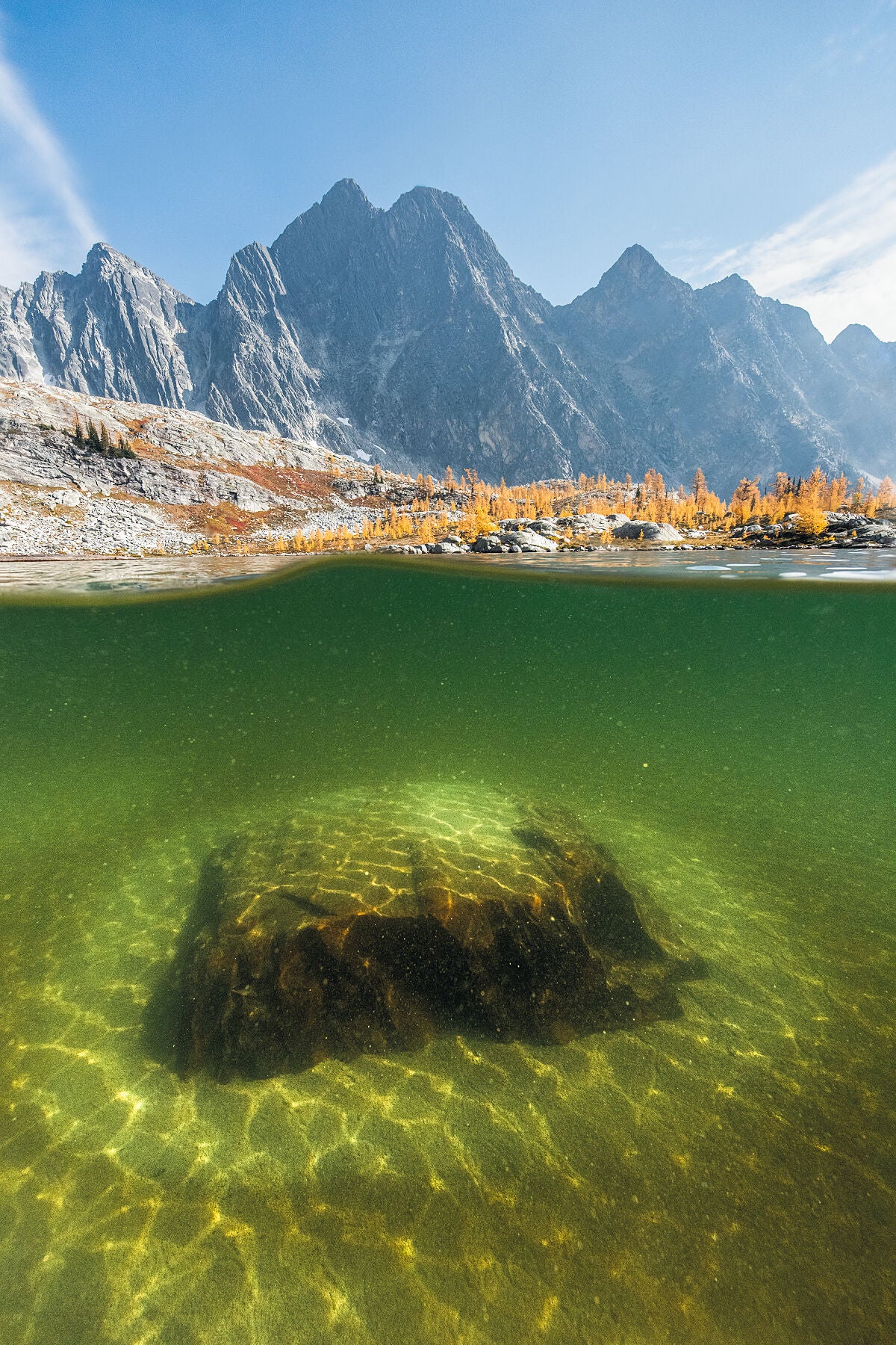 An underwater view of Monica Meadows and an alpine lake, in British Columbia's Purcell Mountain Range, Kootenay fine art photography by Ashley Voykin