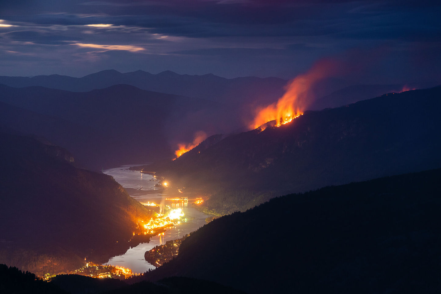 Flames from the Syringa Creek Wildfire burning above Castlegar, environment fine art photography by Ashley Voykin