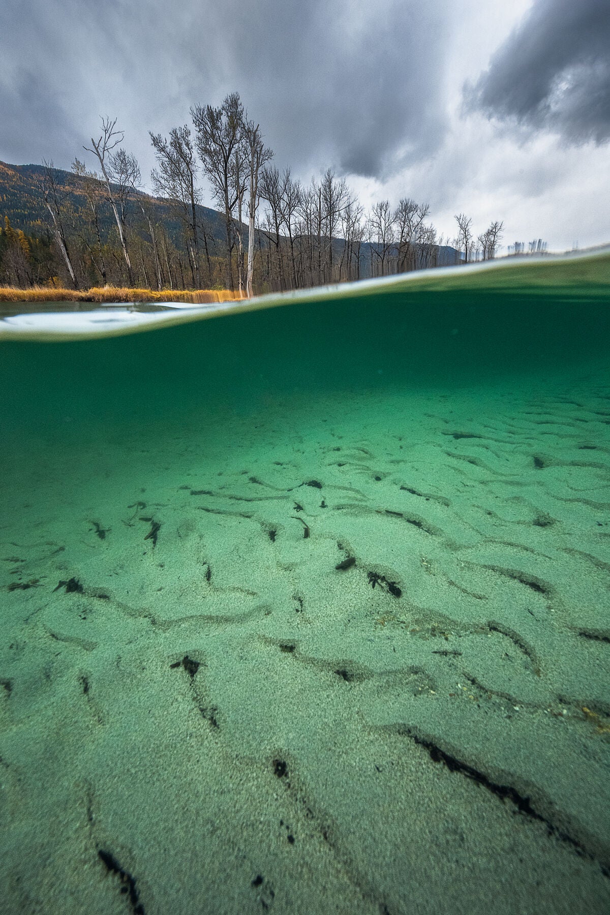 Underwater view of the Slocan River with visible sand patterns on the riverbed, Slocan Valley British Columbia. West Kootenay landscape photography by Ashley Voykin.