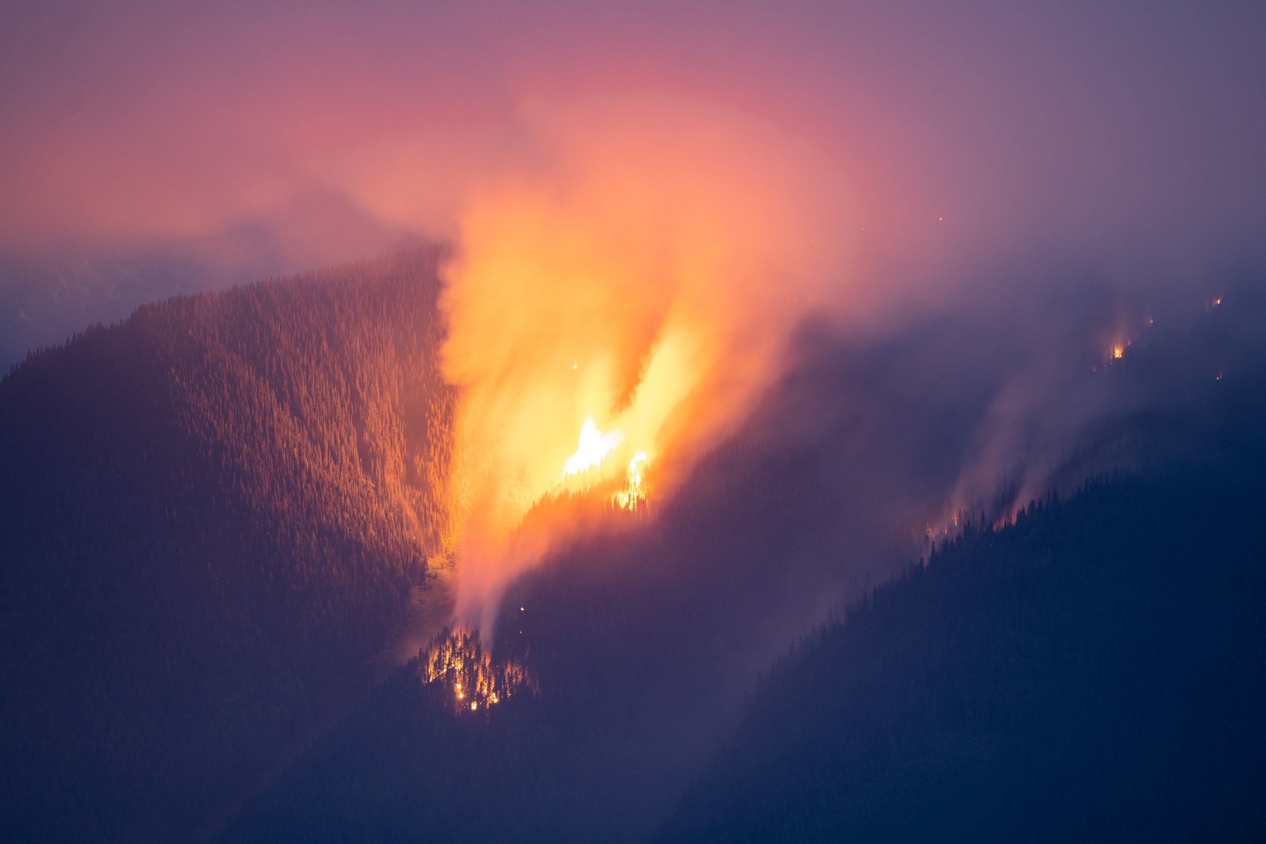 A fire burning in the Mountains near Kaslo, British Columbia. A large column of smoke rises above the trees. 