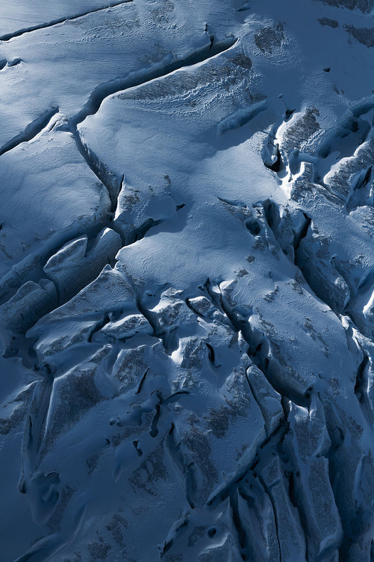 An aerial photograph of a glacier in the Purcell Mountains of British Columbia, fine art landscape print by Ashley Voykin