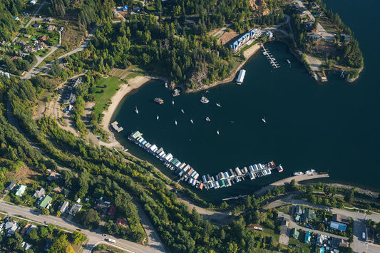 A top-down aerial view of Kaslo, British Columbia, showing the town's waterfront, fine art landscape print from British Columbia’s West Kootenay region by Ashley Voykin