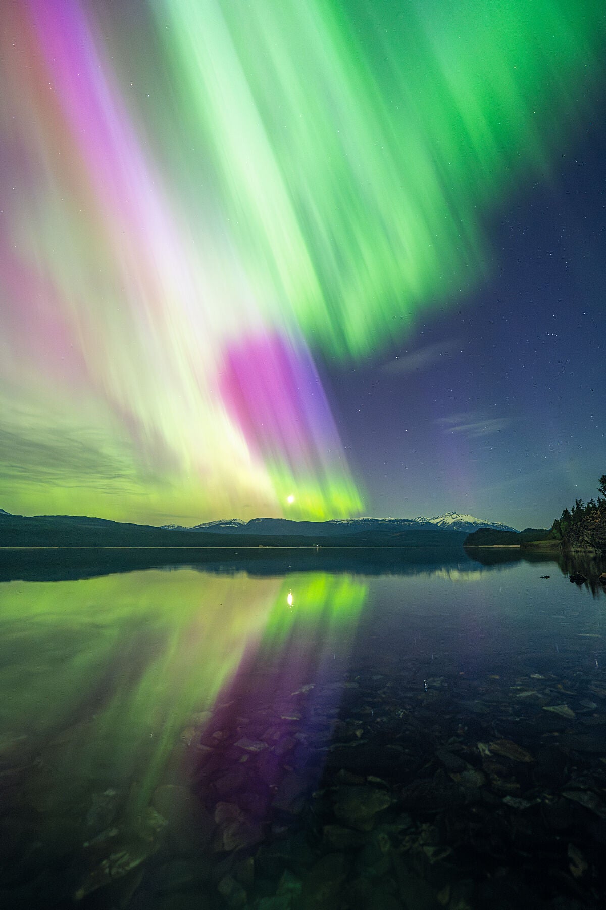 Aurora Borealis dancing over Upper Arrow Lake near Nakusp, British Columbia, astrophotography fine art print by Ashley Voykin