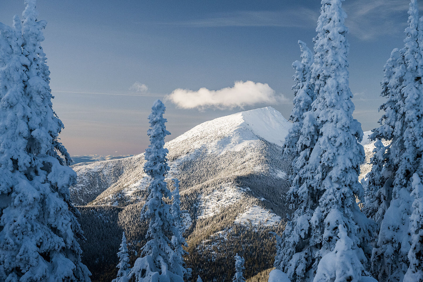 A winter scene of Old Glory peak in the Rossland Range, Mountain landscape photography by West Kootenay photographer Ashley Voykin