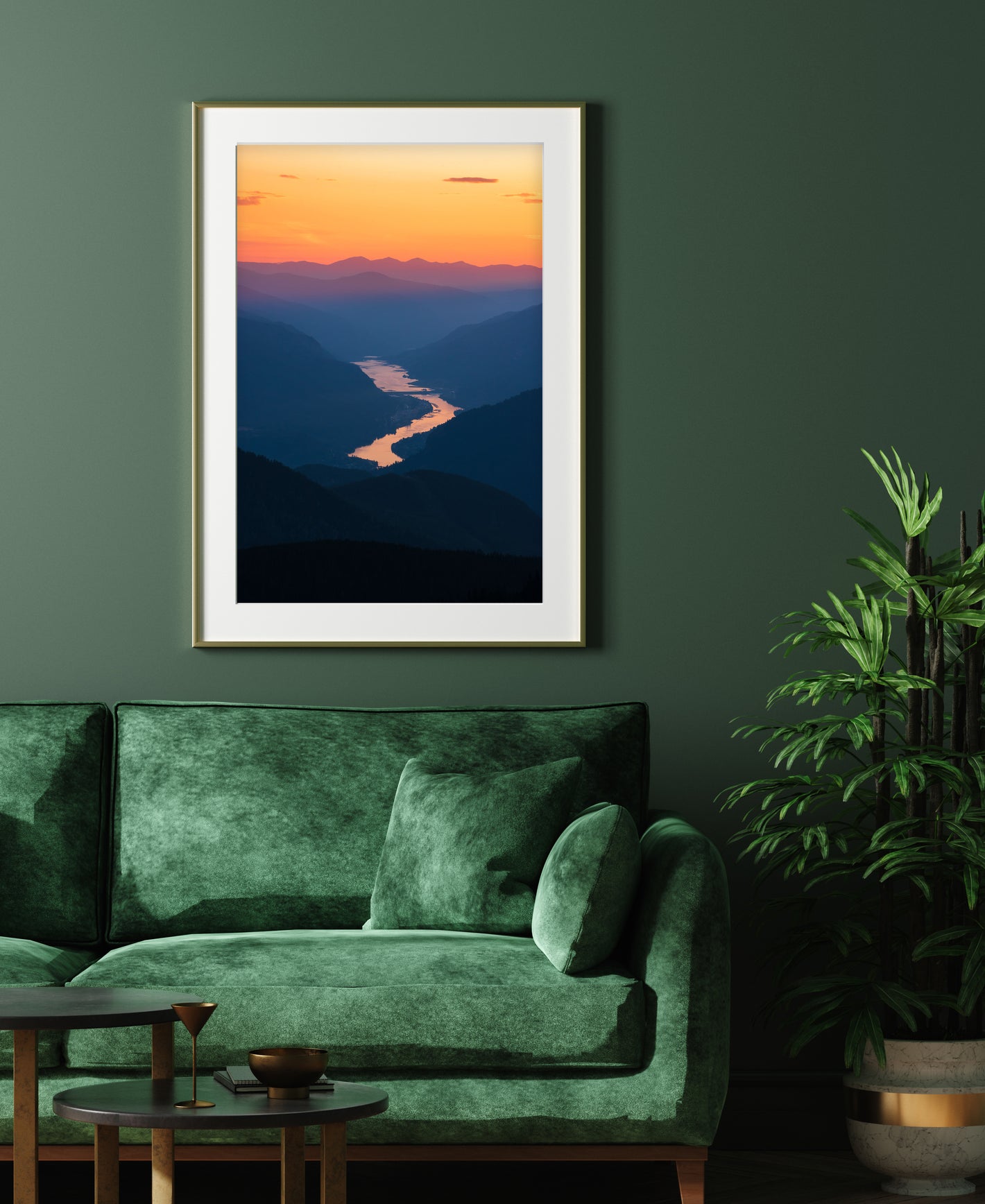 Fine art, framed photograph of Arrow Lake, displayed on a wall. 