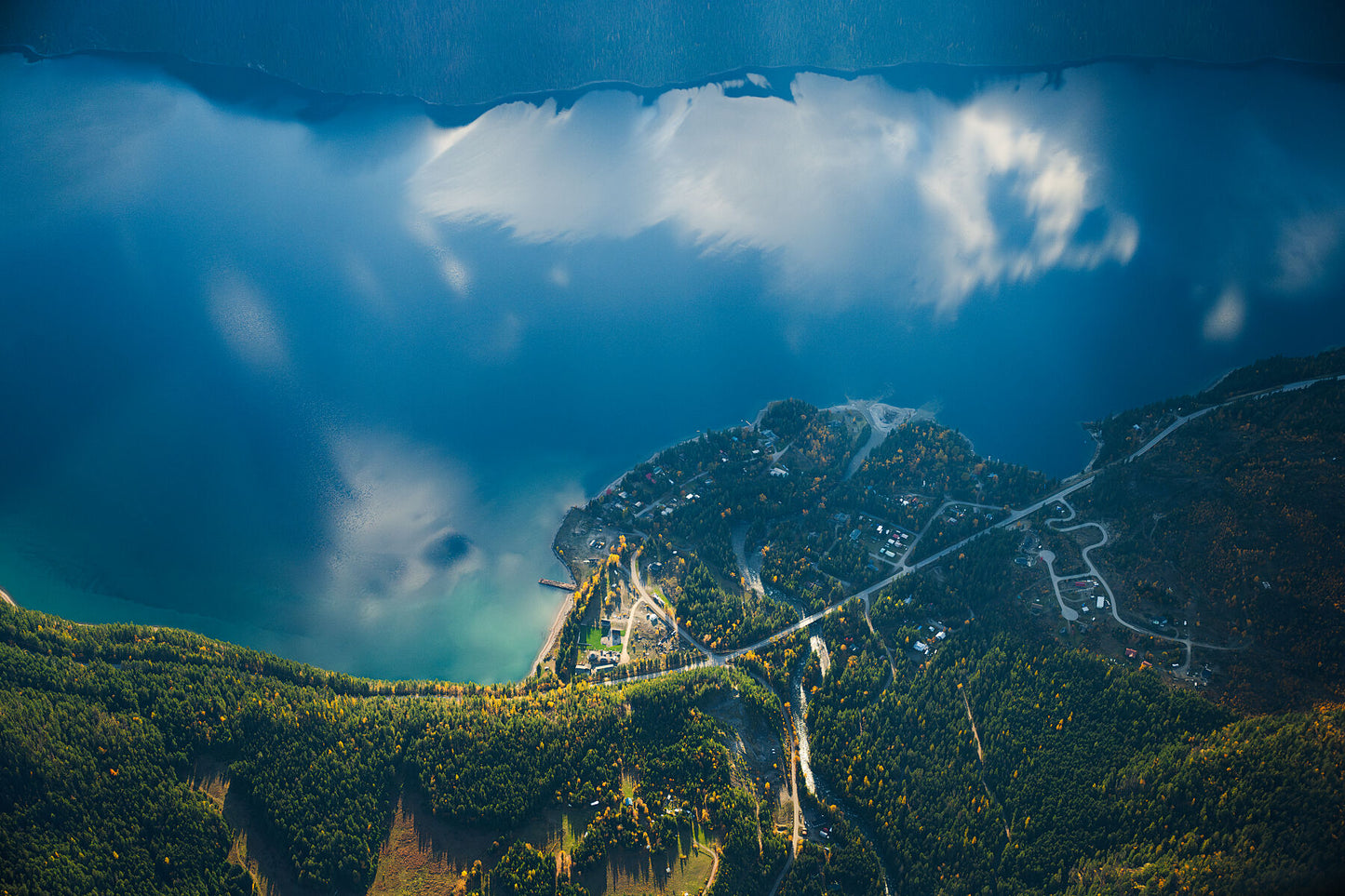 An aerial view of Rosebery, on Slocan Lake in the Slocan Valley, fine art landscape print from British Columbia’s West Kootenay region by Ashley Voykin