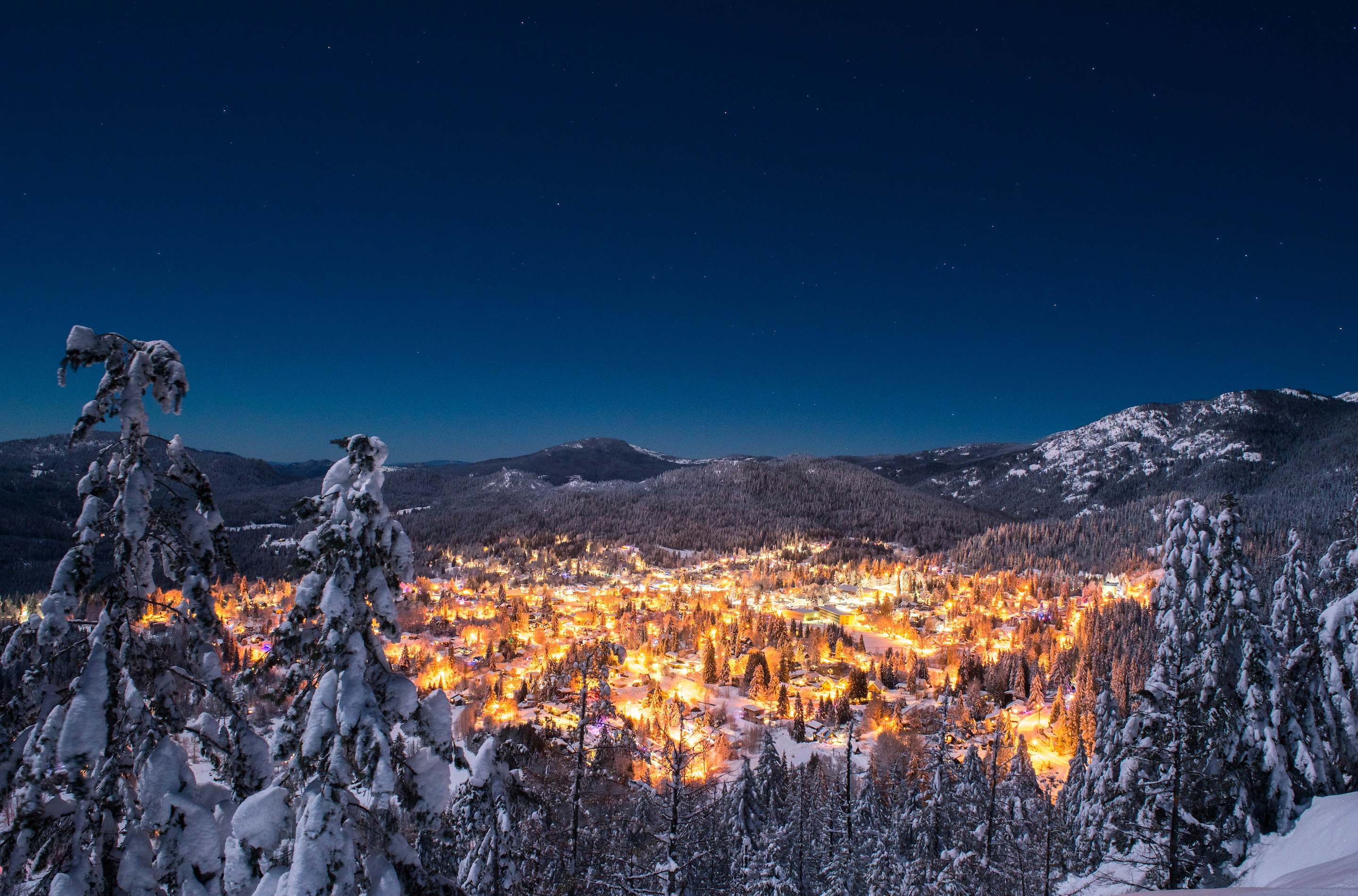 Rossland, at night during the winter season. A winter town in the Monashee mountains, in the West Kootenay Region of British Columbia. 
