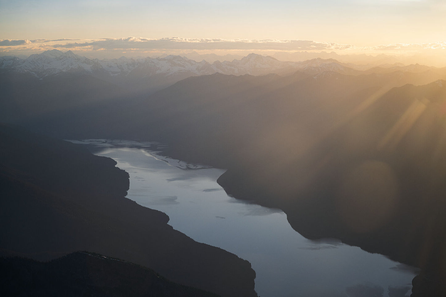 An aerial view of Slocan Lake and the Selkirk Mountains in British Columbia, fine art mountain photograph by Ashley Voykin