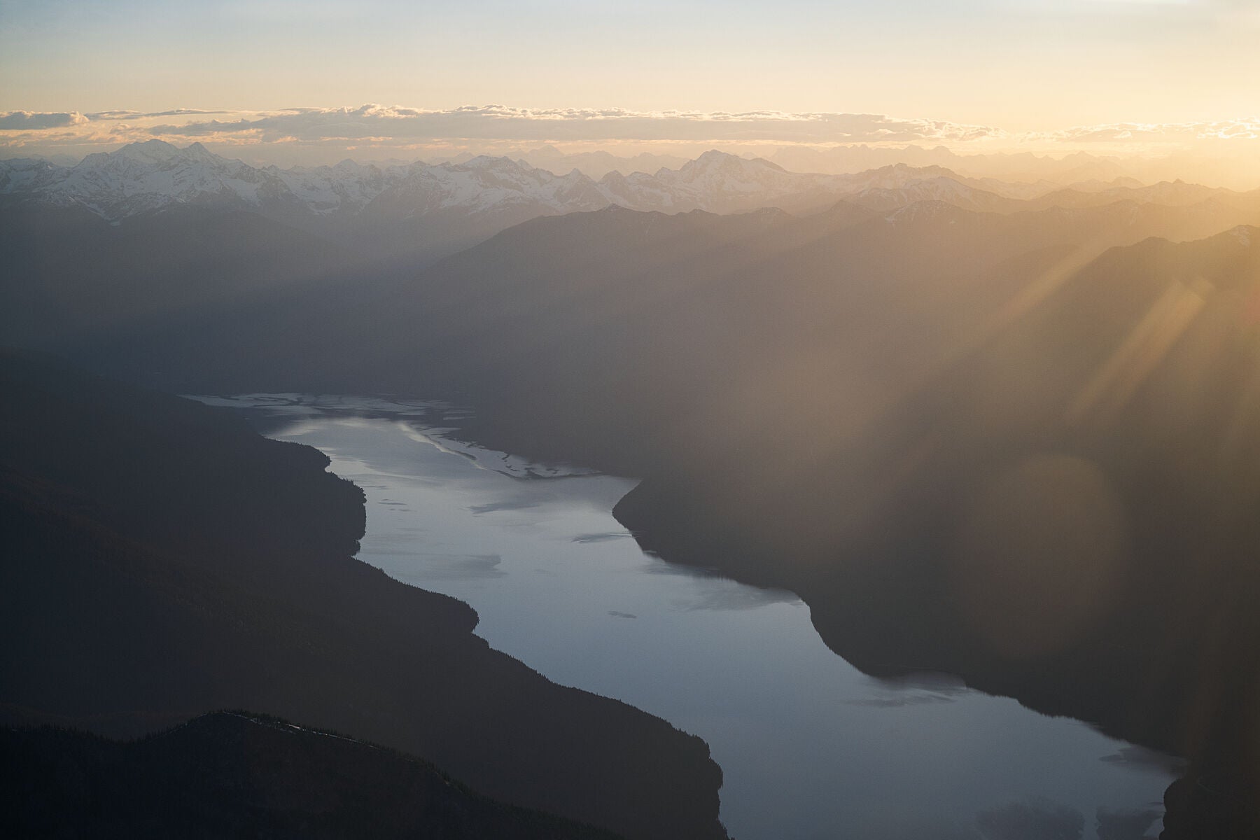 An aerial view of Slocan Lake and the Selkirk Mountains in British Columbia, fine art mountain photograph by Ashley Voykin