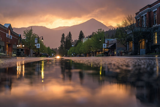 A storm at sunset in downtown Rossland, fine art landscape print by Ashley Voykin