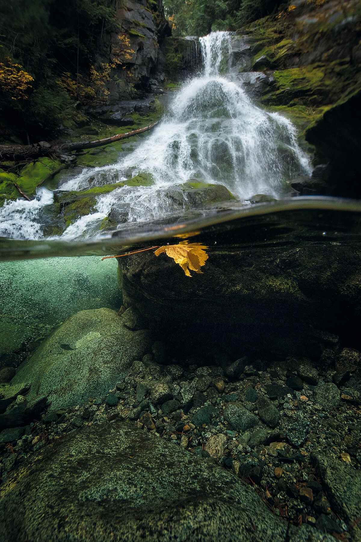 Underwater fall view of Glade Creek Falls near Castlegar, British Columbia, landscape photography by Ashley Voykin.