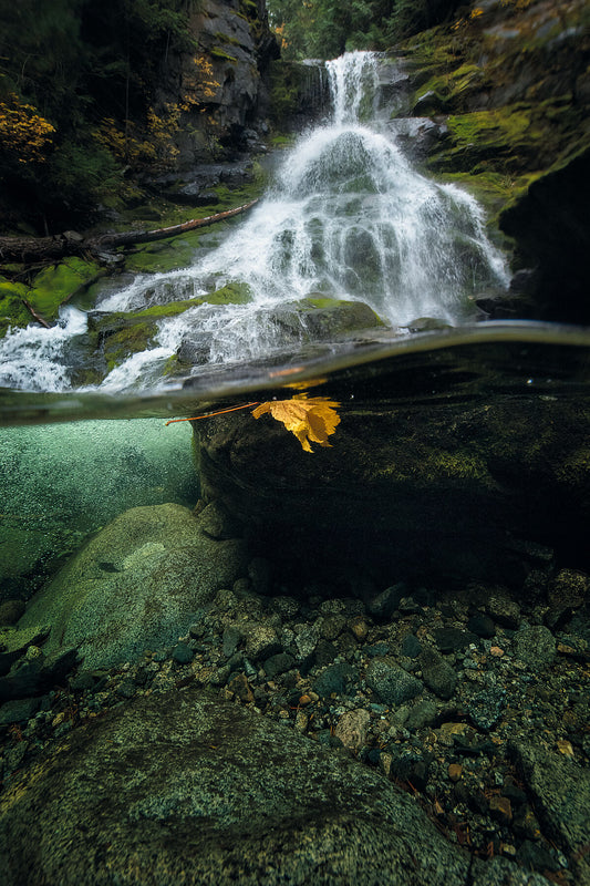 Underwater fall view of Glade Creek Falls near Castlegar, British Columbia, landscape photography by Ashley Voykin.