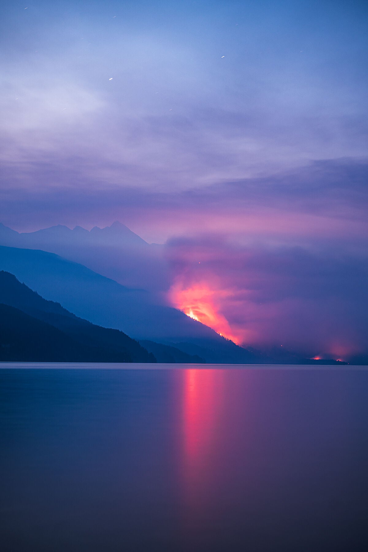 The Fry Creek Wildfire burning on the North end of Kootenay Lake North of Kaslo, British Columbia, fine art landscape photography by Ashley Voykin