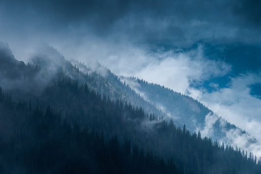 A photograph featuring a cloudy mountainside with tree-covered slopes and a clear blue sky overhead, taken in Goat Range Provincial Park. Fine art landscape photograph by Ashley Voykin