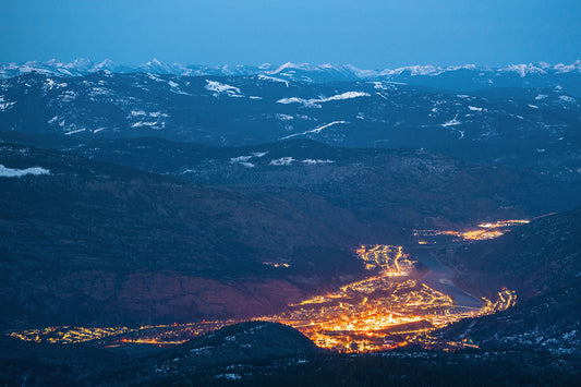 A winter view of Trail, British Columbia from RED Mountain Resort, captured by photographer Ashley Voykin in the West Kootenays