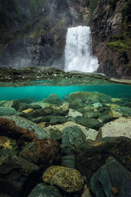 Underwater landscape of Wilson Creek Falls near New Denver, in the Slocan Valley, captured by fine art photographer Ashley Voykin.
